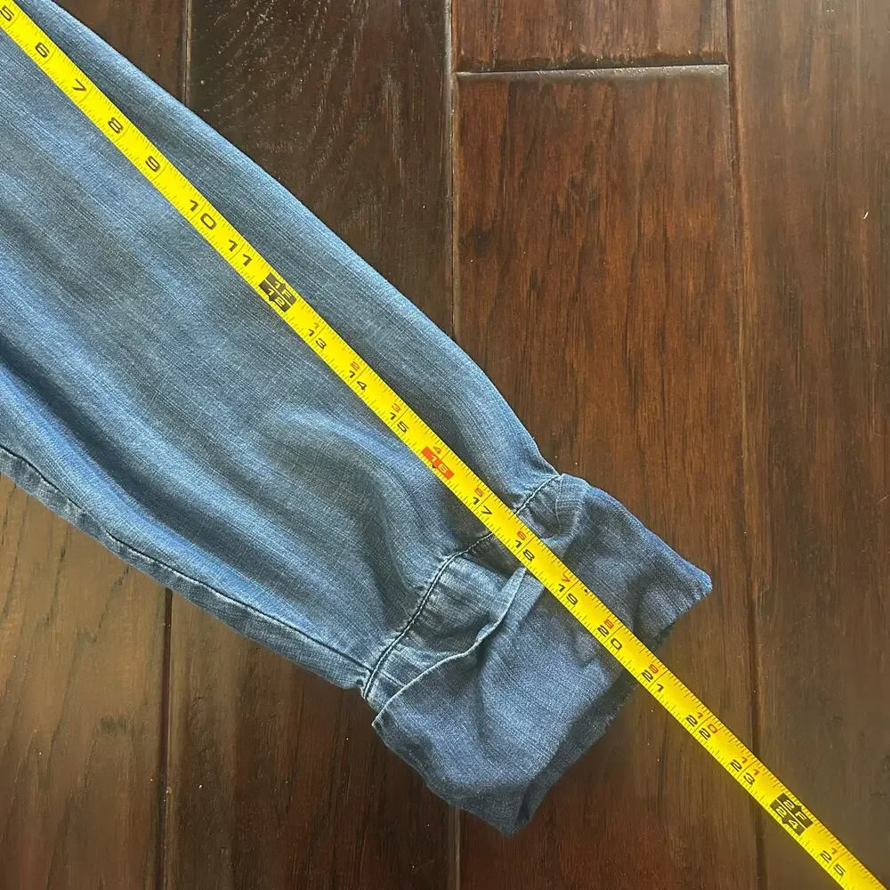 Chico's 3 Blue chambray style V-neck 3/4 sleeve long tunic shirt relaxed fit - Picture 6 of 7